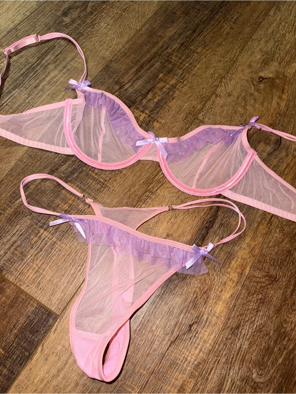 Lingerie Ruffle Trim Pink and Purple Mesh Underwire Bra and Thong Set Stripper